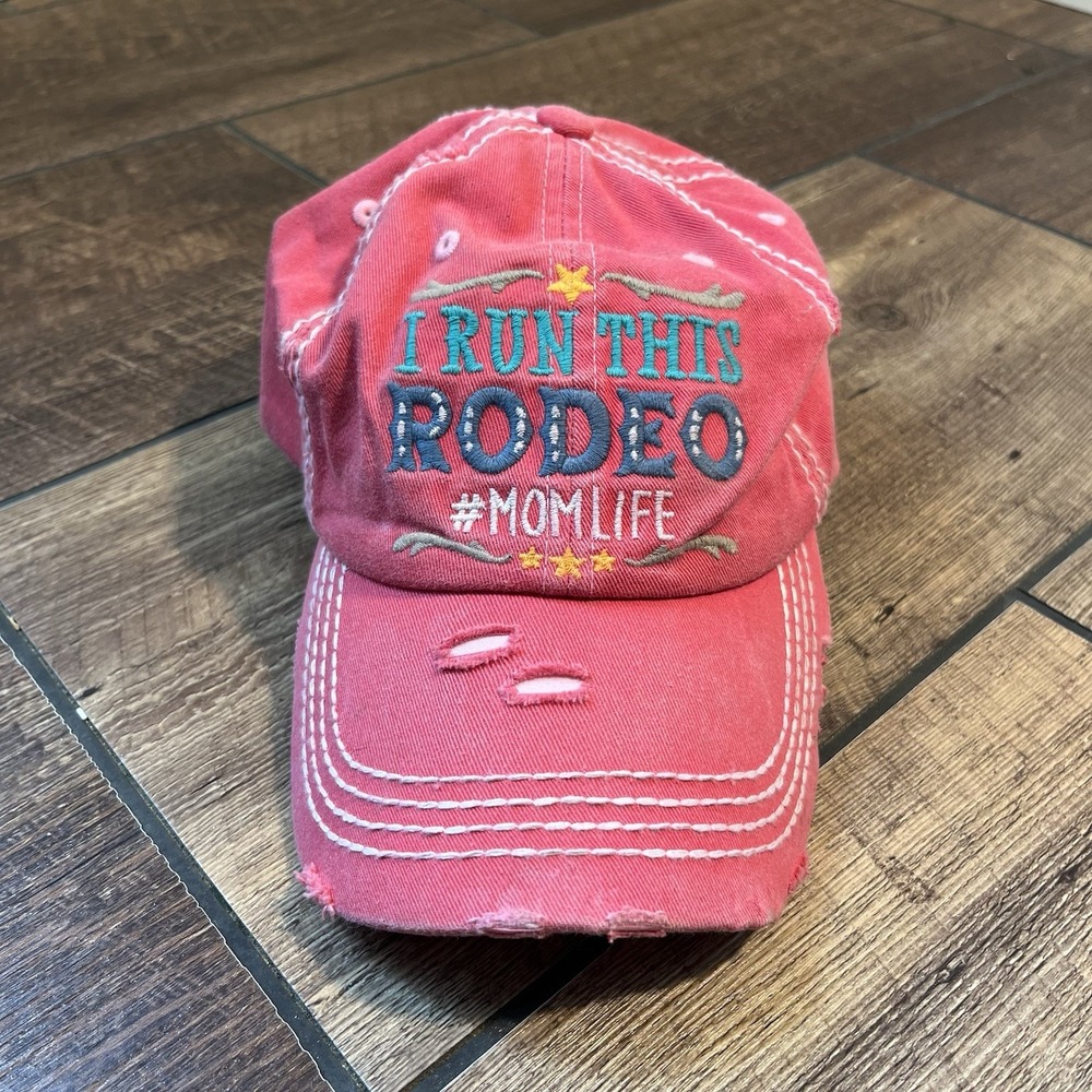 I Run This Rodeo #MomLife Strapback Hat Pink One Distressed Size KB ETHOS Vtg